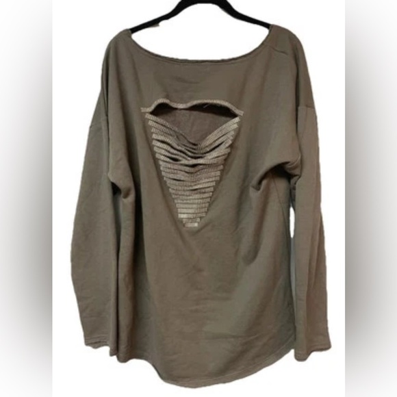 NWT Boutique Open Back Crystal Embellished Sweatshirt Sweater Olive Brown Size L - Picture 2 of 10